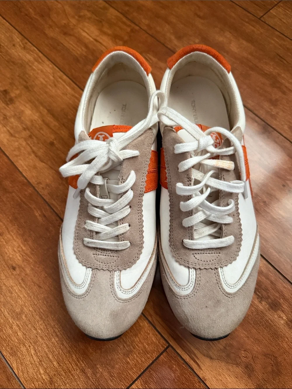Woman’s Tory Burch Classic Casual Sneakers in White, Beige & Orange